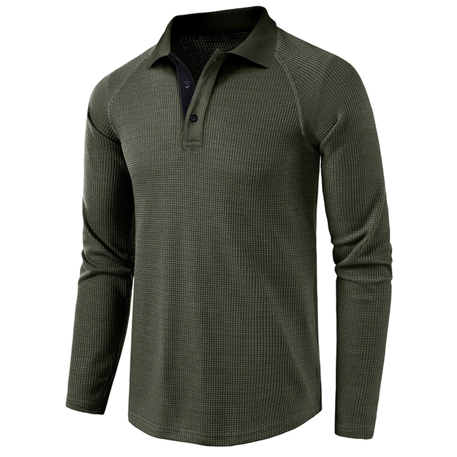 thumbnail image 4 of Camisa de manga larga para hombre, otoño-invierno, color liso, solapa a cuadros, botones, manga raglán, para ocasiones informales, de negocios y fiestas, 4 of 8